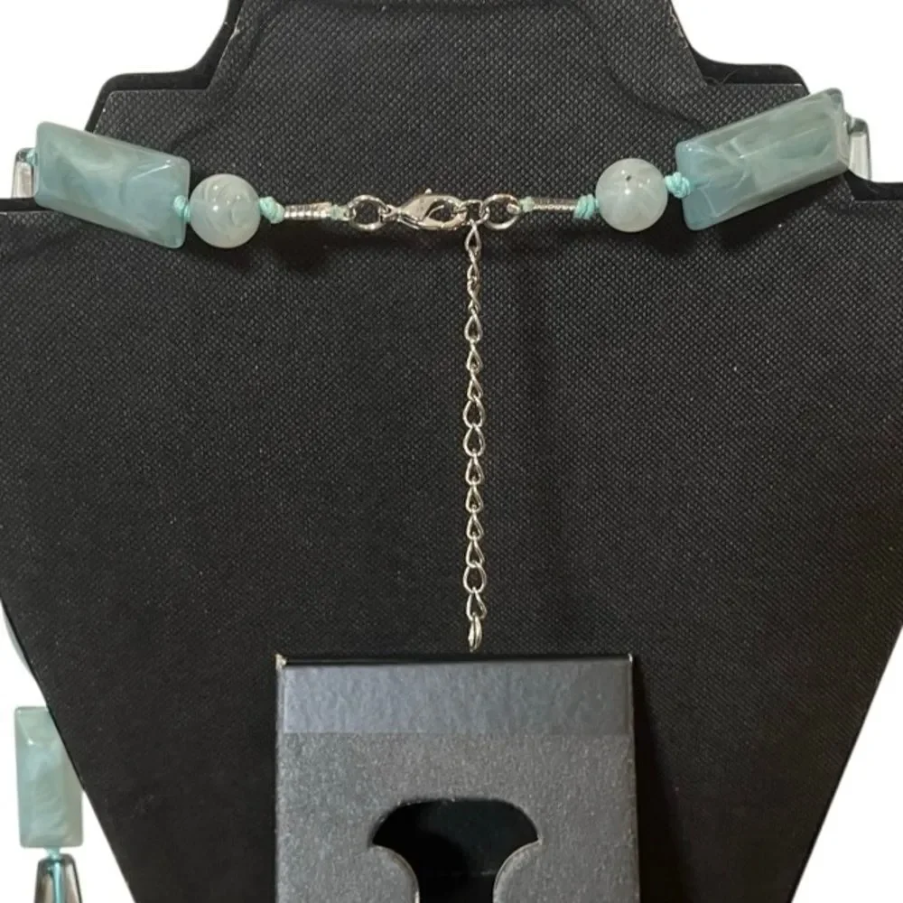 Elegant Long Geometric Beaded Statement Necklace w/ Earrings Set